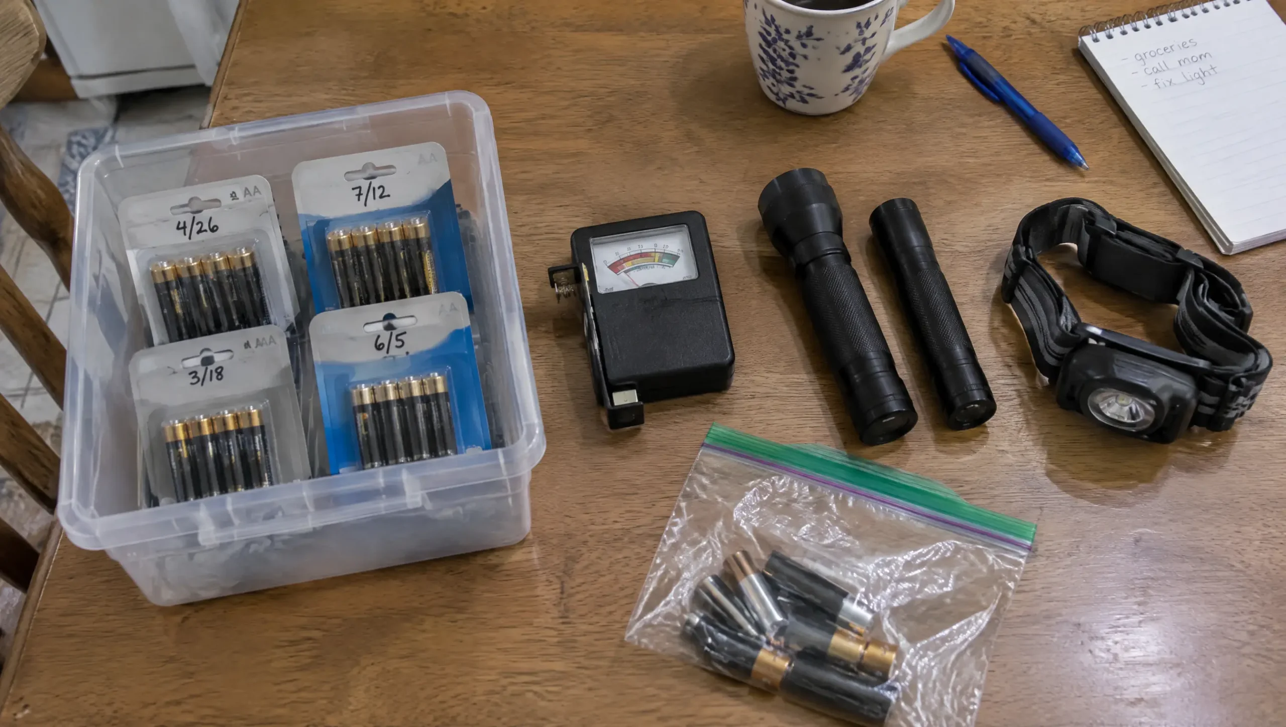 Battery shelf life check: dated AA and AAA battery packs in a clear bin next to a battery tester, flashlights and a headlamp