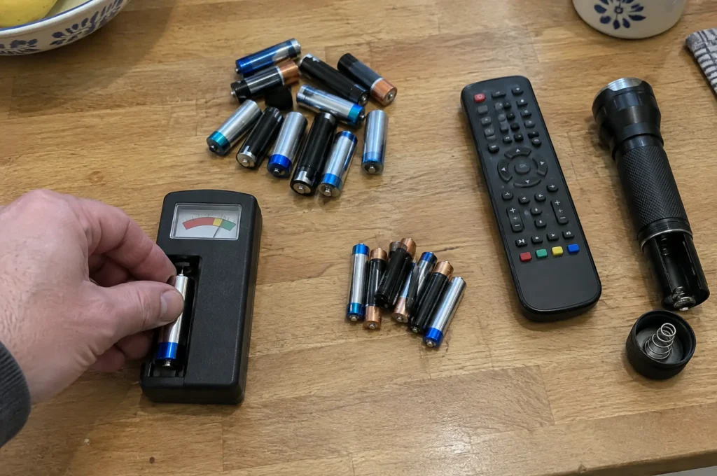 Testing a AA battery with a handheld battery tester and sorting weak cells for the TV remote
