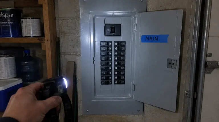 Main breaker switched off in a home electrical panel, lit by a headlamp, during a practice power outage drill
