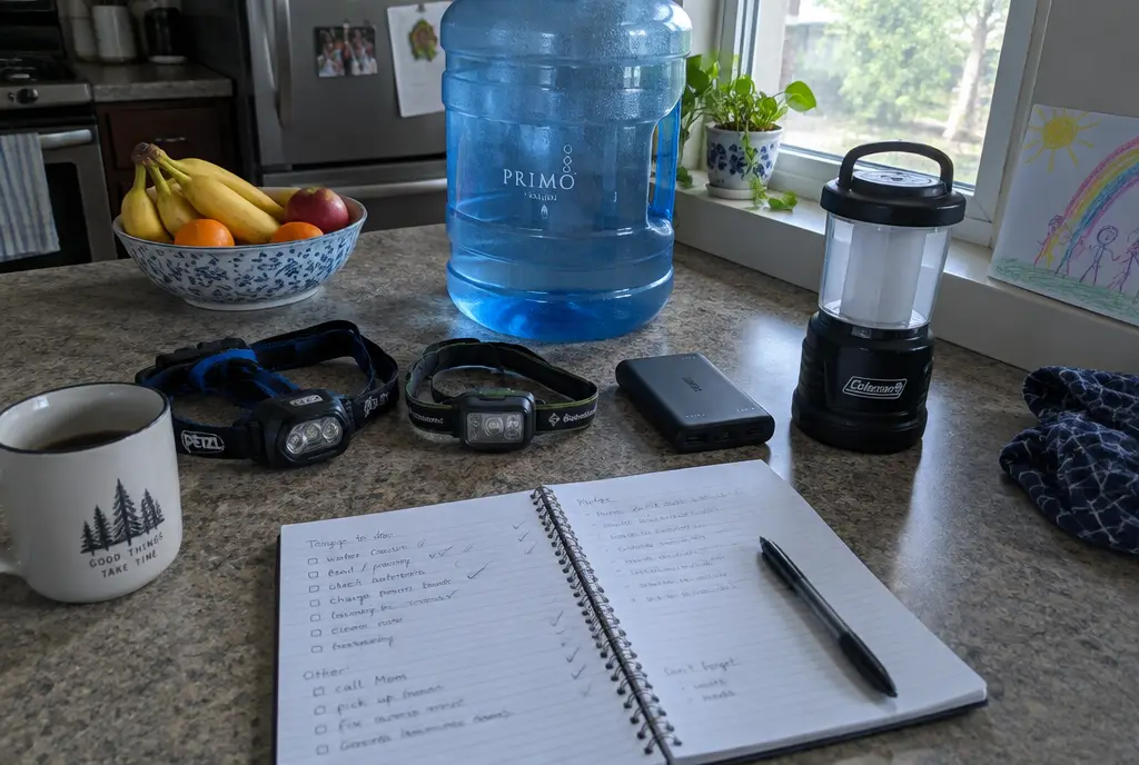 Gap journal notebook on a kitchen counter with headlamps, a power bank, a water jug and a lantern during a power outage drill