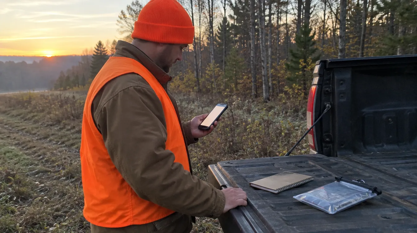 Hunter in blaze orange checking deer hunting laws on a phone at a truck tailgate before the hunt