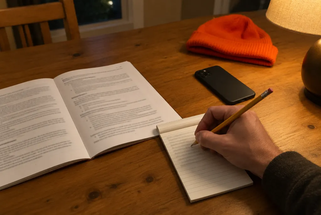 Hunter writing down season dates from a regulations booklet at a kitchen table before a hunt