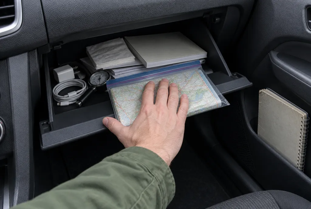 USGS Topo Maps: How to Get Home When Your Phone Can't Driver's right hand sliding a paper map in a zip-top bag out of the glove box, with a spiral road atlas in the door pocket