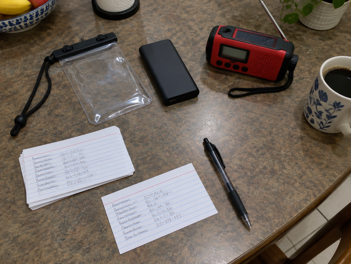 Flood Safety Plan for Families and Pets: Radios, Power Loss and a Way Out Handwritten family contact cards, a waterproof pouch, a power bank and a weather radio on a kitchen table