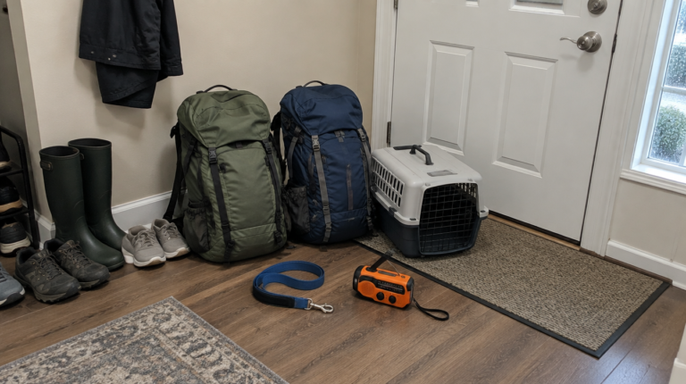 Packed go-bags, a pet carrier, a leash and a hand-crank weather radio by the front door, ready for a flood evacuation