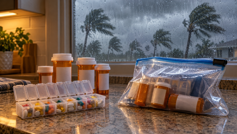 Prescription bottles and a weekly pill organizer packed into a waterproof pouch while a hurricane builds outside the window