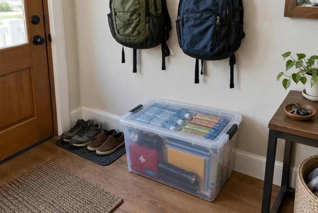 Packed waterproof emergency kit bin waiting beside the front door