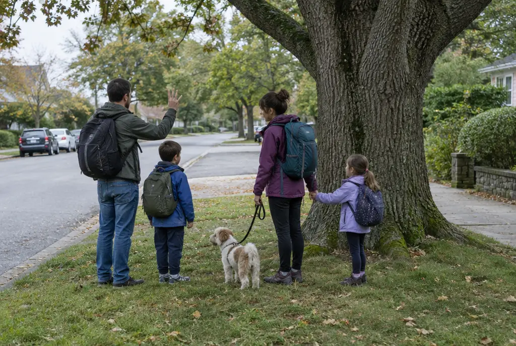 Family regrouping at a big oak tree at the end of their block during an evacuation drill