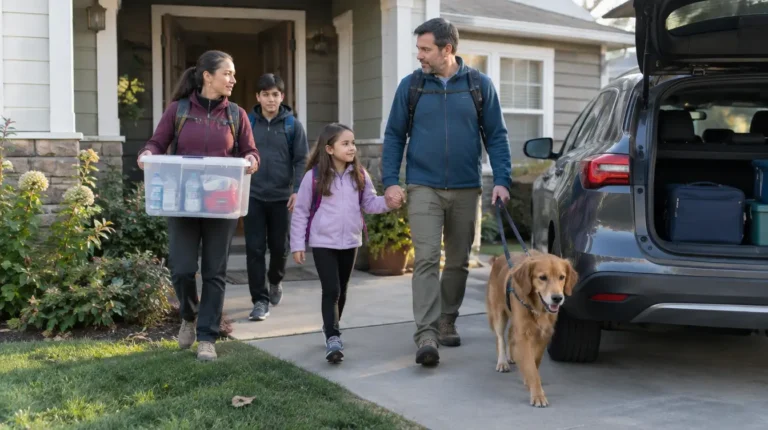Family walking out the front door together with backpacks and an emergency kit during an evacuation drill