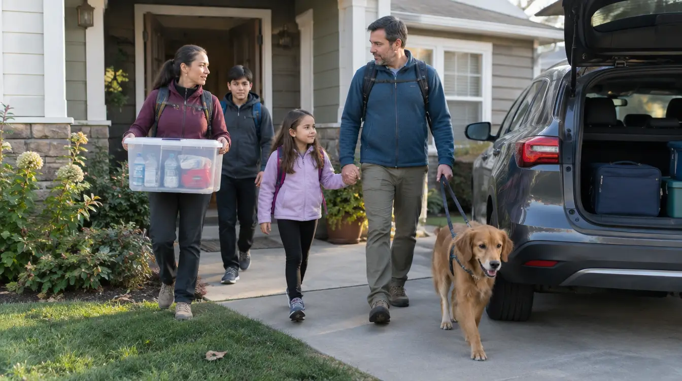 Family walking out the front door together with backpacks and an emergency kit during an evacuation drill