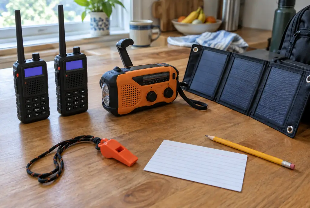 Two black GMRS two-way radios, a hand-crank radio, a solar charger and a whistle on a kitchen counter