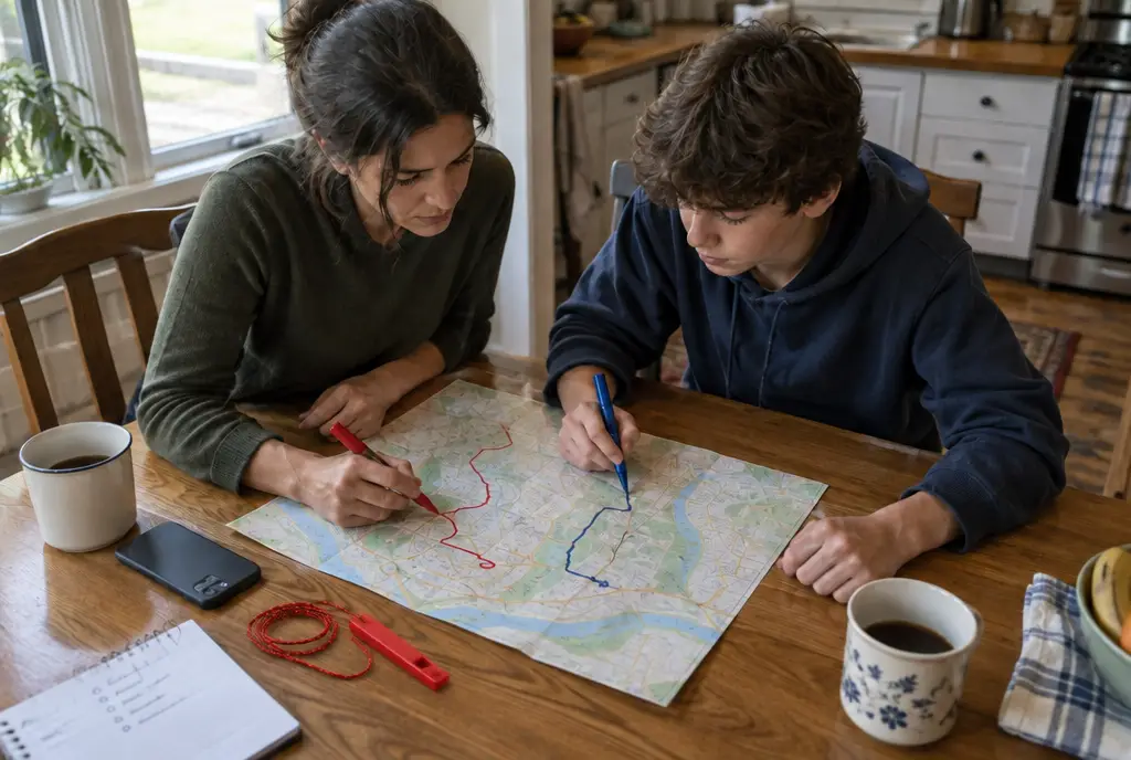 Evacuation plan tips: parent and teen marking 2 routes on a paper map, with a red safety whistle on the table
