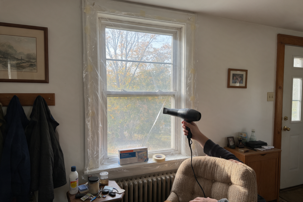 Heating Oil Prices This Winter: How to Protect Your Budget as Bills Jump 21% Window insulation film being shrunk tight with a hair dryer on a drafty window