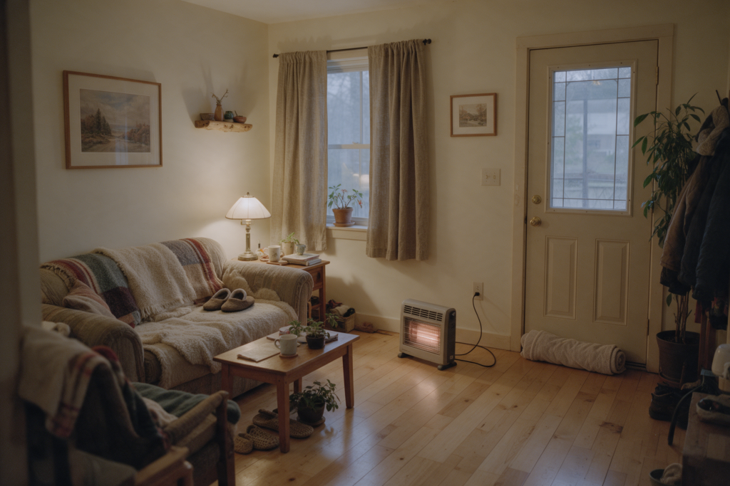 Heating Oil Prices This Winter: How to Protect Your Budget as Bills Jump 21% Warm living room with an electric space heater placed 3 feet from the couch