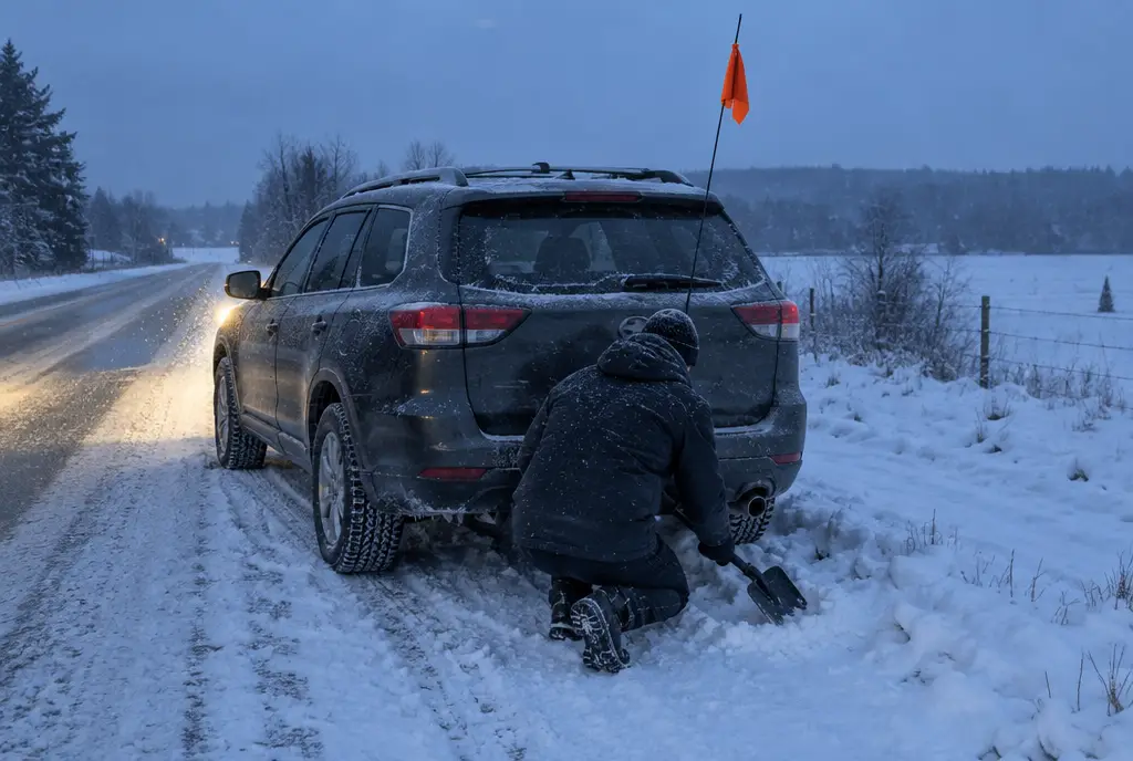 Driver clearing snow away from a car's tailpipe on a snowy road at dusk, with an orange cloth tied to the antenna