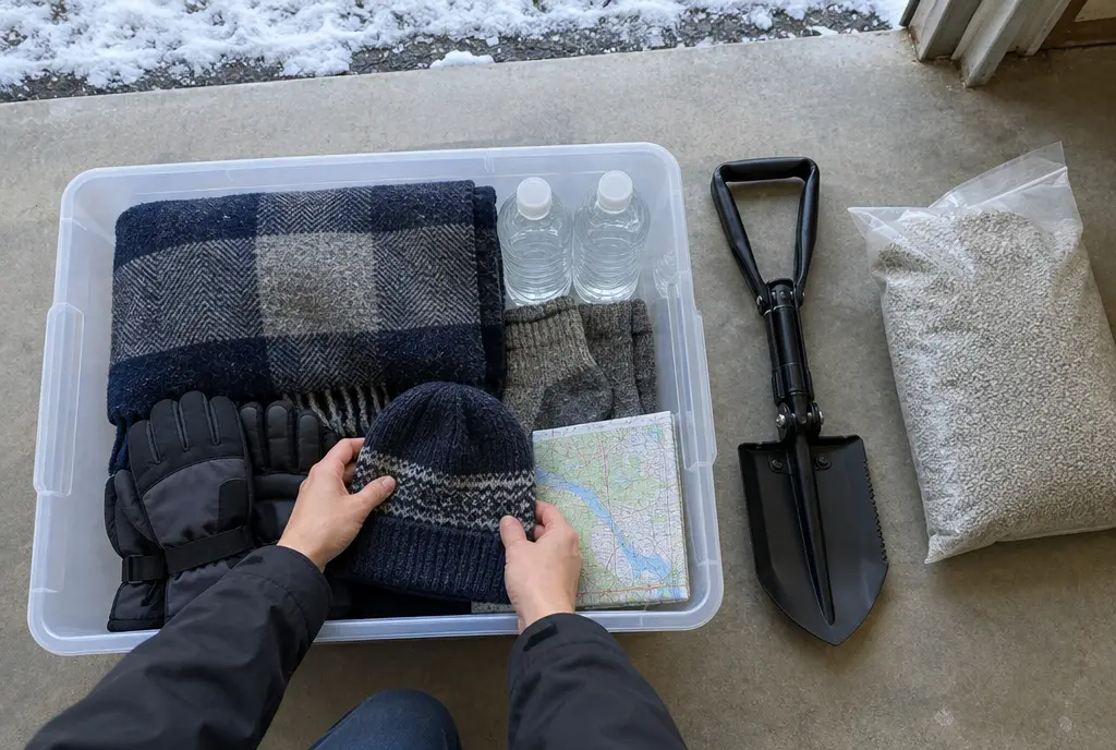 Packing a winter car kit bin with a wool blanket, hat, gloves, wool socks, water and a paper map