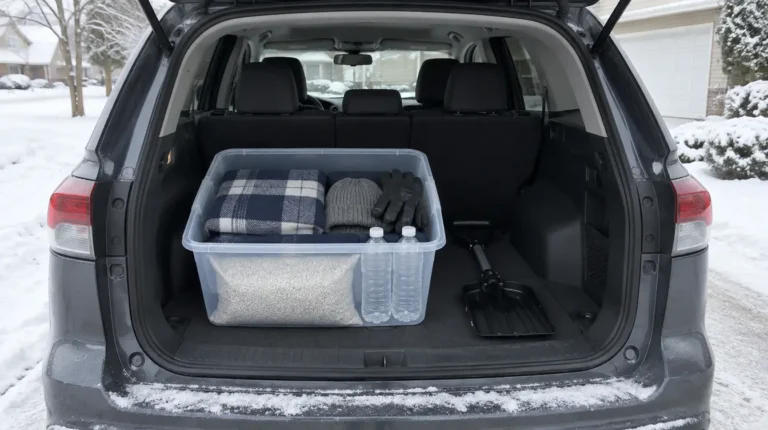 Winter car survival kit packed in a clear bin in the open trunk of an SUV in a snowy driveway