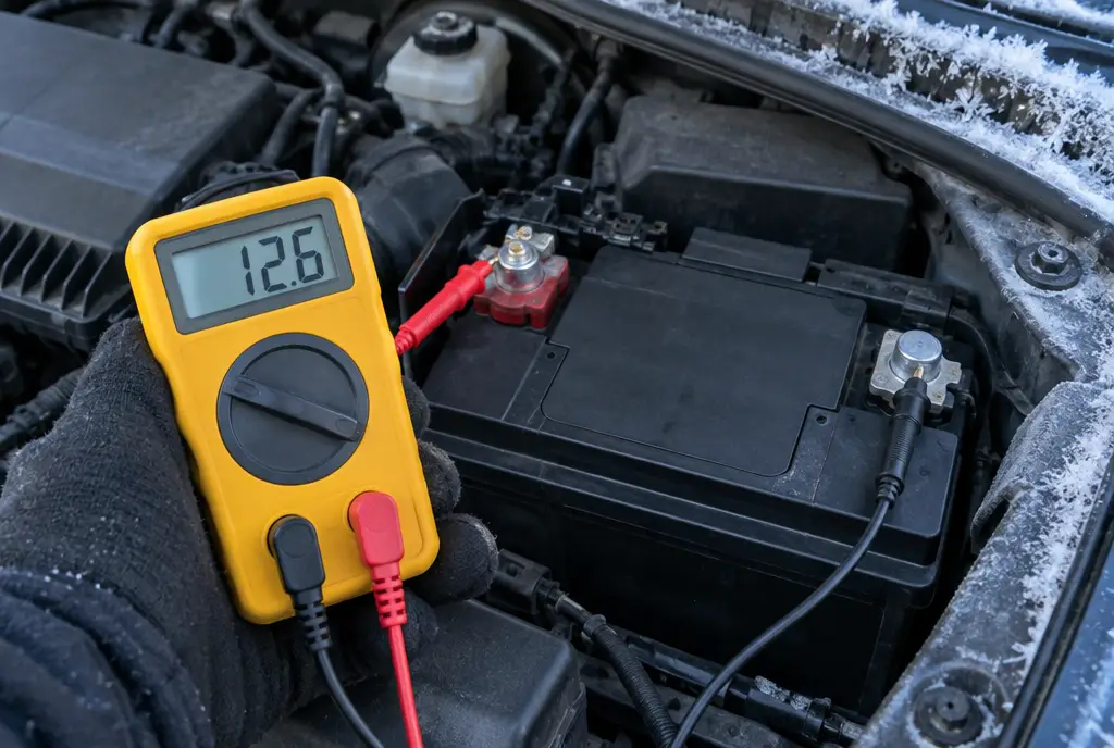 Checking a car battery with a multimeter on a frosty morning, reading 12.6 volts