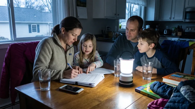 Family filling in a 72-hour emergency plan workbook at the kitchen table by lantern light