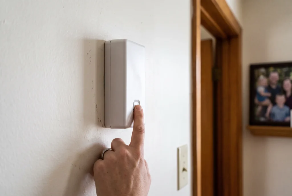 Adult testing a battery carbon monoxide alarm in a home hallway