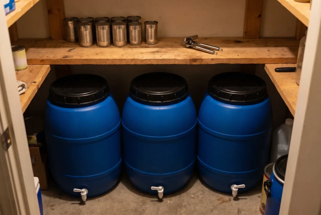 Stored drinking water in food-grade containers in a dark pantry, away from sunlight