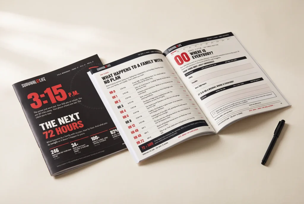 The Next 72 Hours free family workbook, printed cover and open timeline and worksheet pages