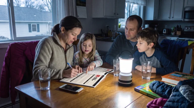 Family filling in a 72-hour emergency plan workbook at the kitchen table by lantern light