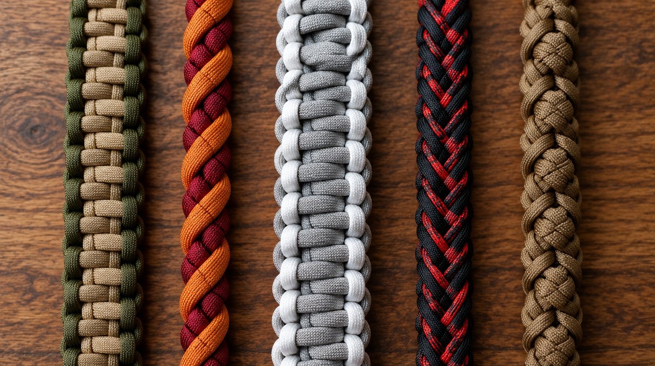 Paracord braid patterns: five different braids side by side on a wood table