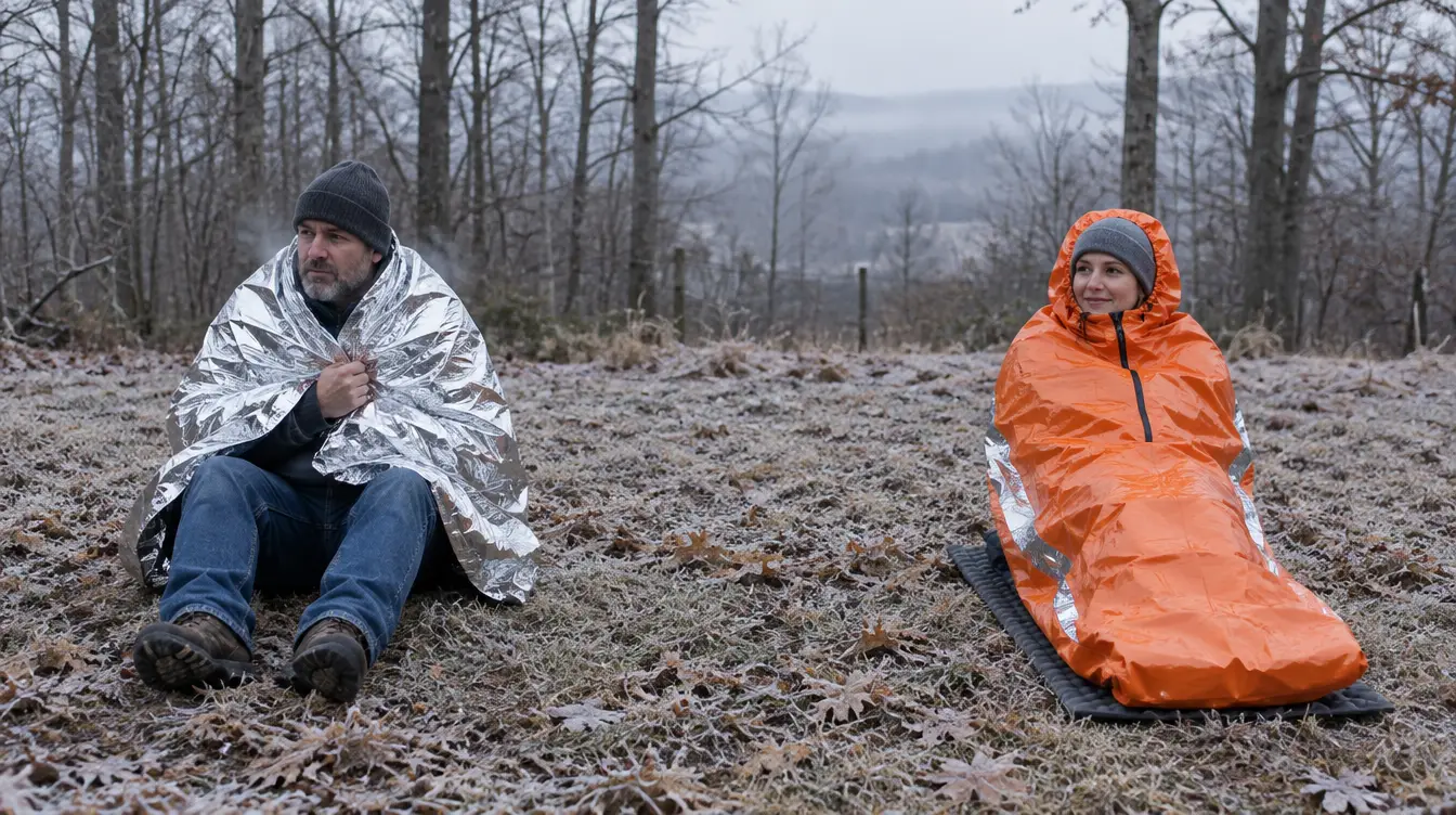 A man wrapped in a silver space blanket and a woman zipped into an orange emergency bivy on a sleeping pad, sitting on frosty grass on a cold winter morning
