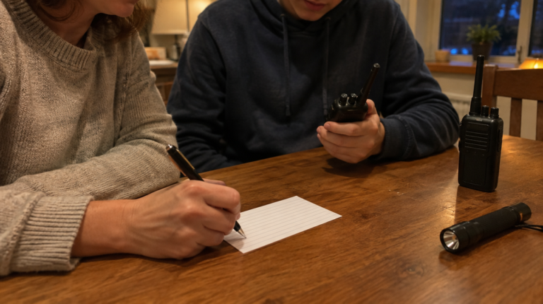 Parent and teen filling in a family emergency plan card at the kitchen table with 2-way radios