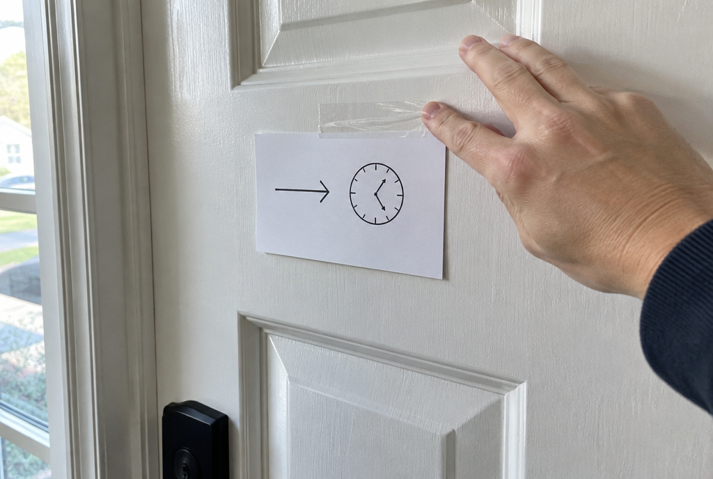 Note card taped inside a front door to show where the family went