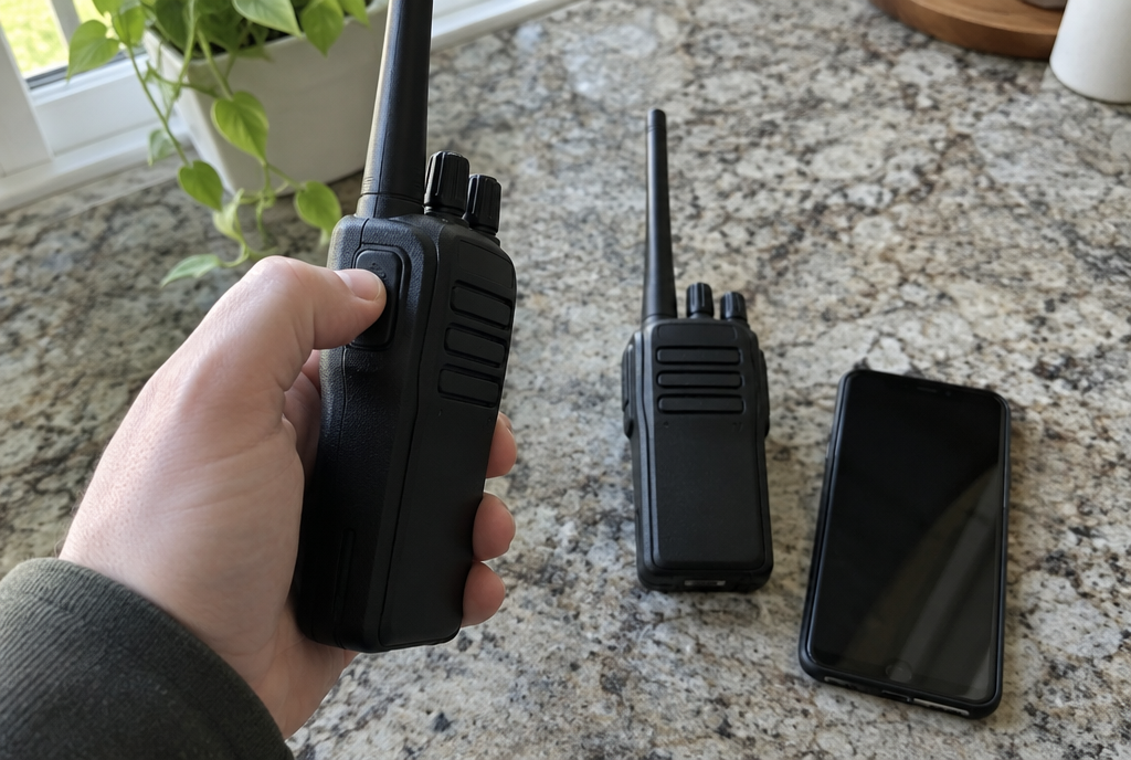2 handheld 2-way radios next to a phone on a kitchen counter