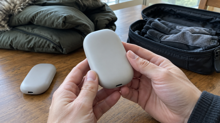 Holding a rechargeable hand warmer to check it during a rechargeable hand warmer recall
