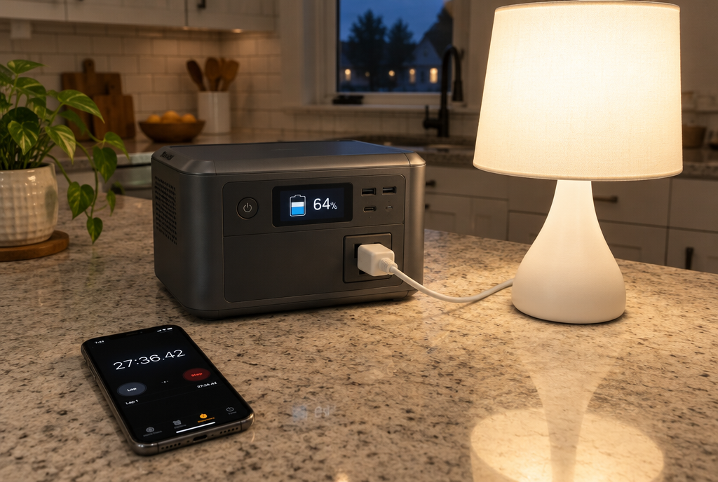 Does It Hold a Charge? Does It Start? The Twice-a-Year Power Gear Check Lamp plugged into a battery power station on a counter for a timed run test