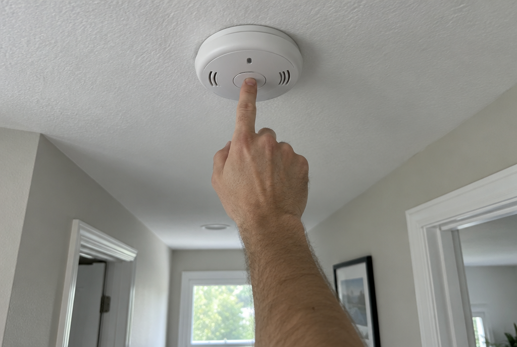 Does It Hold a Charge? Does It Start? The Twice-a-Year Power Gear Check Adult pressing the test button on a ceiling smoke alarm