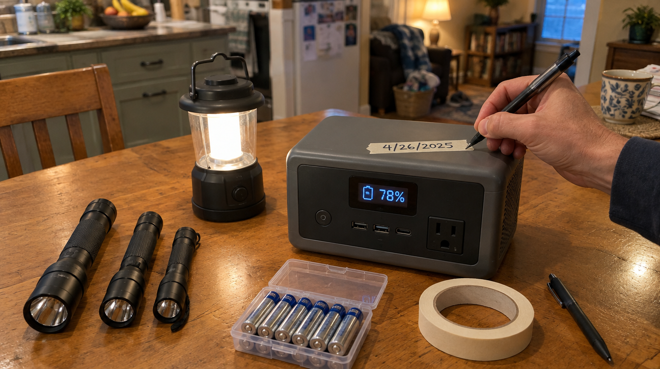Backup power check on a kitchen table with flashlights, spare batteries and a power station