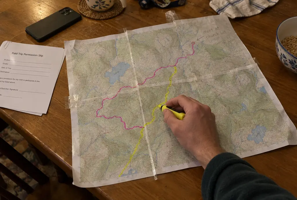 USGS Topo Maps: How to Get Home When Your Phone Can't Hand highlighting a second route home on a topo map taped together from letter-size pages, with a meeting spot noted in pencil