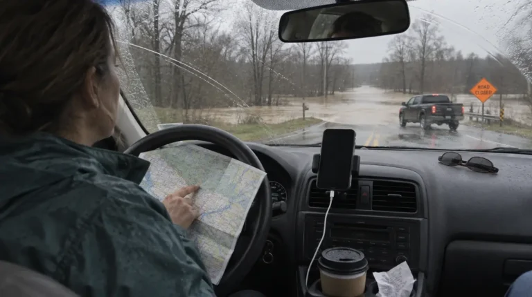 Driver checking a folded paper road map at a flooded road with a Road Closed sign while her phone sits dead in the dash mount
